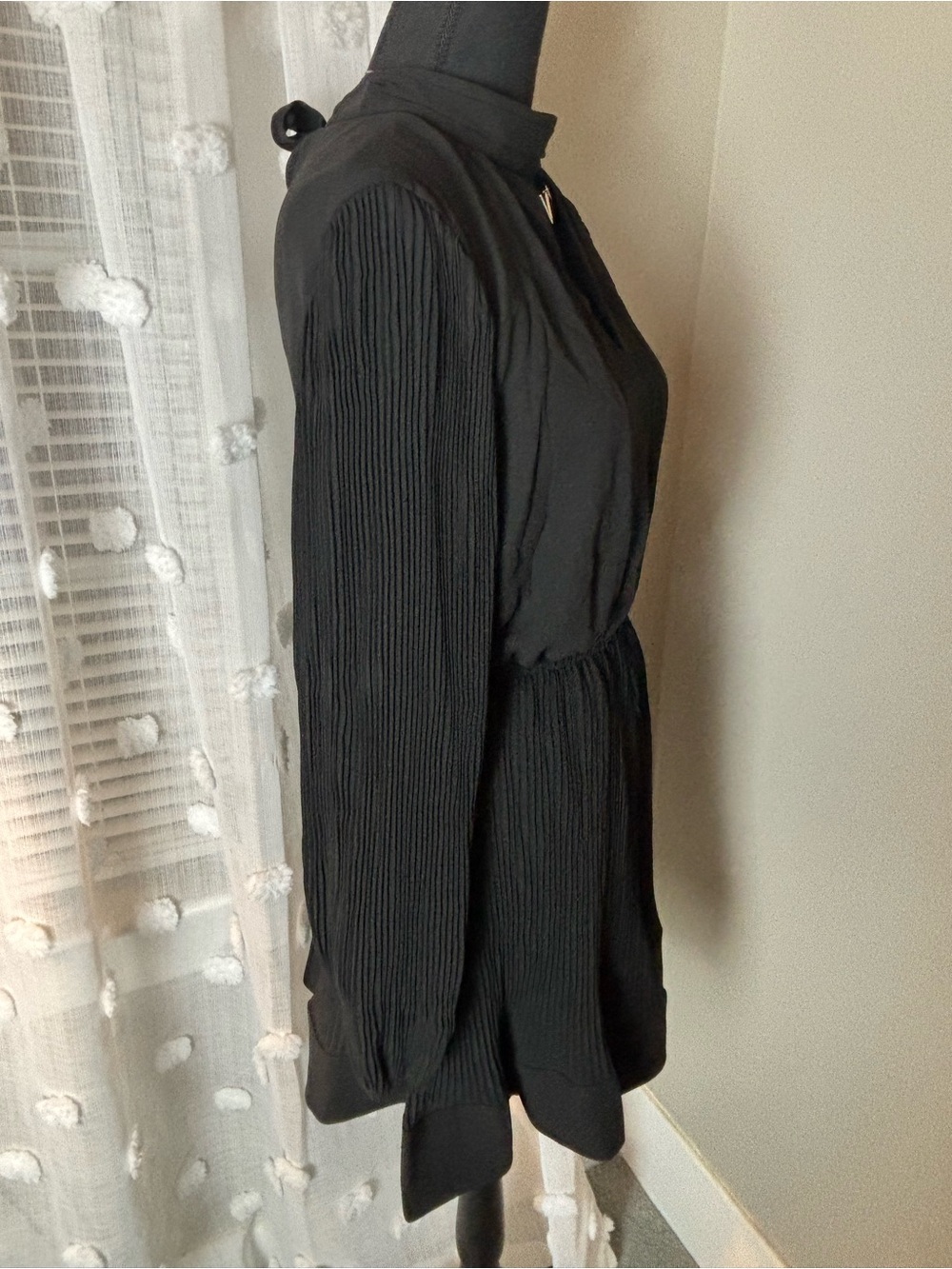 NEW Milly Black Long-Sleeve Pleated-Waist Dress Size 8 - Picture 5 of 15